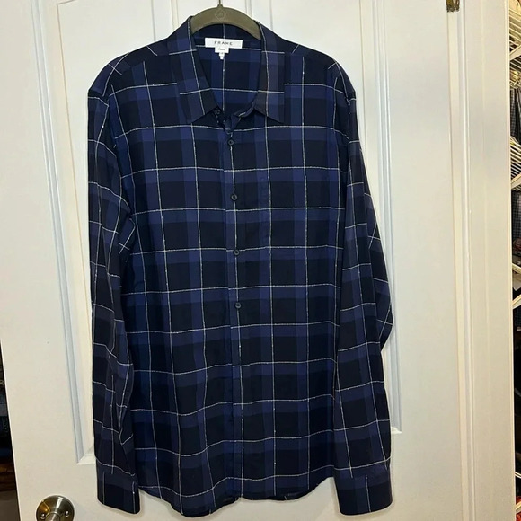 NWOT FRAME mens long sleeve button down shirt size large blue plaid - Picture 1 of 8